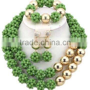 Double Rows Gold Tone Smooth Balls Crystal Beads AfricanJewelry Set