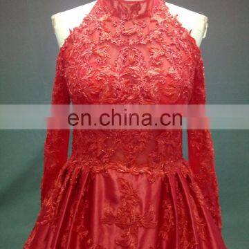 Real Photo High Neckline Satin Appliques Beaded Red Muslim Evening Dress Long Sleeve photo-4