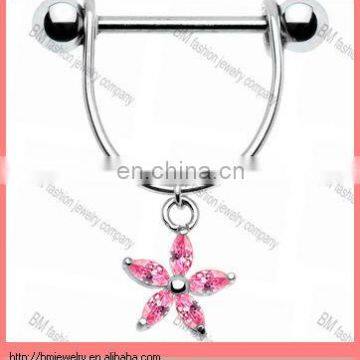 beautiful flower nipple body piercing jewelry rings with pink crystal in stainless steel for female