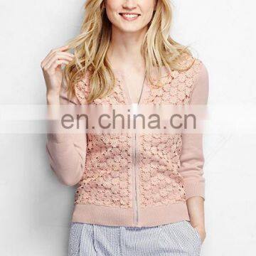 China wholesale price -Women's Cotton Lace Zip PINK Cardigan Sweater for OEM