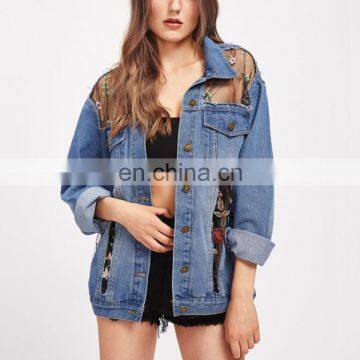 Fashion Women Outerwear Clothes Embroidered Mesh Insert Denim Jacket photo-5