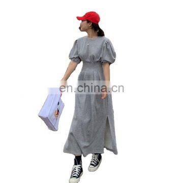 TWOTWINSTYLE Korean Dress For Women O Neck Puff Sleeve High Waist Tunic Side Split Loose Elegant Maxi Dresses