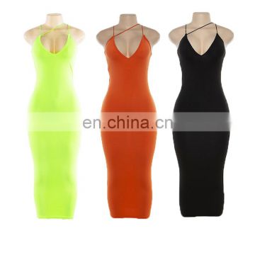 Women Sexy Bodycon Sleeveless Strap Deep V-neck Dress Hollow Out Solid Clubwear Party Long Maxi Dress Sundress New Arrival