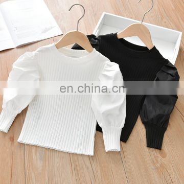 Trendy Ruched knitted Long Lantern Sleeve Girls Tops White /black plain  Colors Baby Girl Dress ruffle sleeve shirts Blouse