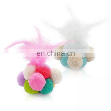 Handmade wholesale colorful plush pet toys elastic ball and feather cat toy interactive