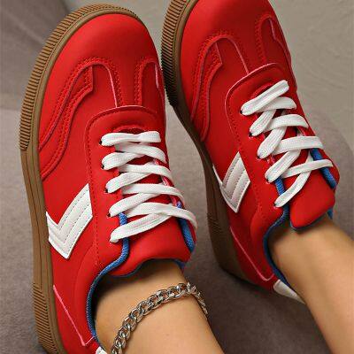 Coffee Sleek Snake Skin Print Lace-up Detail Comfort Loafer Shoes Fiery Red PU Leather Color Block Detail Lace Up Sneakers Wholesale Women Shoes photo-4