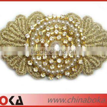 BOKA Fashion rhinstone and pearl golden embroidered appliques, beaded embroidered applique patch with golden yarn