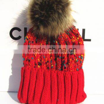 Fashion Korean Coloured Thread Knitting Faux Fur Pom Pom Beanie Hat