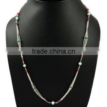 Pure In Heart !! Pearl & Emerald & Ruby 925 Sterling Silver Chain, 925 Silver Jewelry, 925 Sterling Silver Jewelry