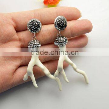 LFD-075E Wholesale White Coral Branch Shape Dangle Earrings with Crystal Rhinestone Paved Druzy Jewelry Earring