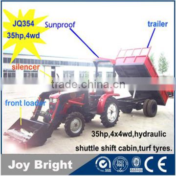 35HP 4wd mini farm tractor with loader and backhoe,4cylinders,8F+2R shift,with Cabin,heater,fan,fork,blade