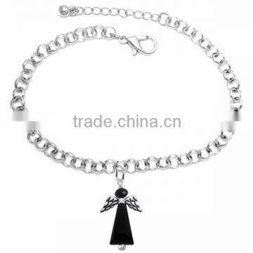 Winged And Genuine Jet Black Crystal Angel Charm Chain Link Bracelet