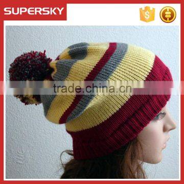 A-166 pom pom beanie hat knitted pattern knit pom pom hat striped knitted beanie hat