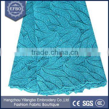 Washable durable wearing 100 polyester african lace fabric cheap teal blue color cord guipure lace fabric for garments