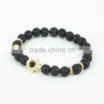 KJL-0100 New Design Black Natural Stone Lava Energy Beads Bracelet Black Agate Hamsa Bracelet For Uniex photo-3