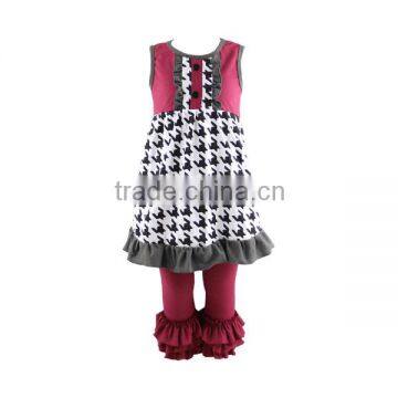 Wholesale 2016 children outfit Houndstooth printed dress match wine triple ruffle pants clothing set baby girl fall clothes