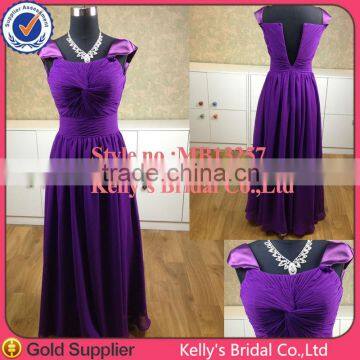 Generous cap sleeves dark purple bridesmaid dress 2015 chiffon maxi evening long dress for muslim women guangdong factory made