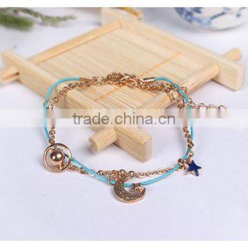 Star Moon Planet Tiny Rhinestone Charms Bracelet Double Layer Cotton Cord Gold Chain Bracelet photo-6