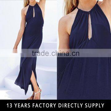 Navy Blue Side Split Keyhole Front Open Back Halter long maxi dress