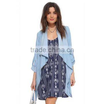 Woman sky bule water fall neck long sleeve fashion casual denim trench coat