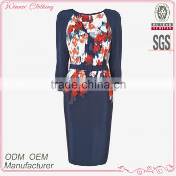 Ladies' silk flower print half sleeves slim with belt good quality and dress manufacturer dress names