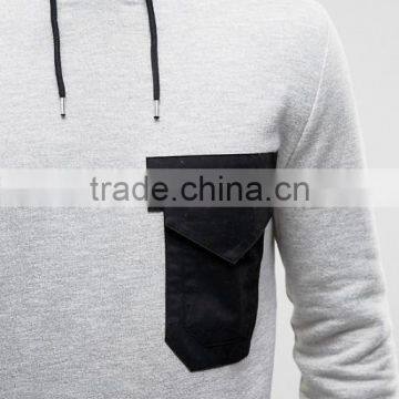 Custom Long Sleeve With Hood Contrast Pocket Longline Grey Men's 84% Cotton 16% Polyester Casual Fleece Pullover Hoodies photo-3