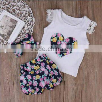 Summer Boutique Outfits Sets Children Flower Print Clothing Set Kids Clothes Matching Headband photo-3