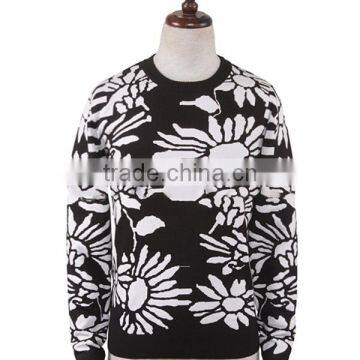 Jacquard Allover Flower Patterns Crew Neck Men Pullover Sweater photo-3