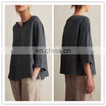 High Quality round neck blouse woven line casual long sleeve women shirt