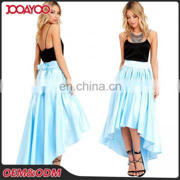 2016 Custom New Design Light Blue Satin Lady Skirts High Low Prom Girls Pleated Long Skirt