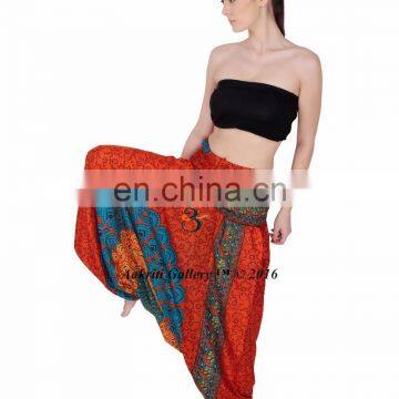 Indian Harem Pant Yoga Dance Boho Pant for Women Rayon Jumpsuit Hippie Gypsy Orange Peacock Print Harem Pant