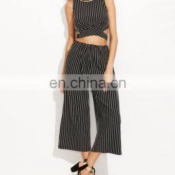 Mika72360 Vertical Striped Zipper Top With Wide Leg Pants