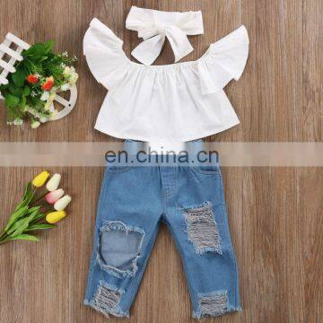 Plain White Fly Sleeve Top Matching Denim Pants 2pcs Girls Suit Factory Direct Sale photo-5