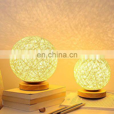 French Rattan Table Lamp Shade Night Light Creative Wood Base Led Rattan Ball Table Lamp