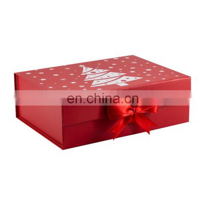 Red color folding box with matte lamination silver hot stamping logo christmas packaging box magnetic box with ribbon bow