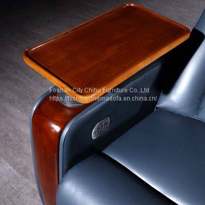 Modern Style Real Leather Home Theater OKIN Motor Cinema Recliner Sofa With Power Headrest and Oak Tray Table photo-5