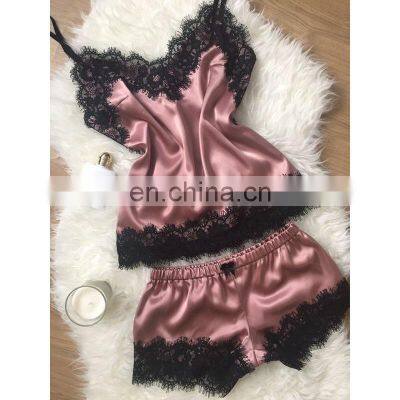 High Quality Lace Pajamas With Chest Pads Women Satin Pajamas