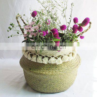 Natural Seagrass Storage Basket - Seagrass Belly Basket With White Tassel Foldable Woven PomPom Basket With Handle photo-3