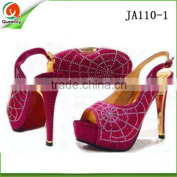 guangzhou wholesale italian shoes and bag set high heel sexy women shoe and hand bag with stone