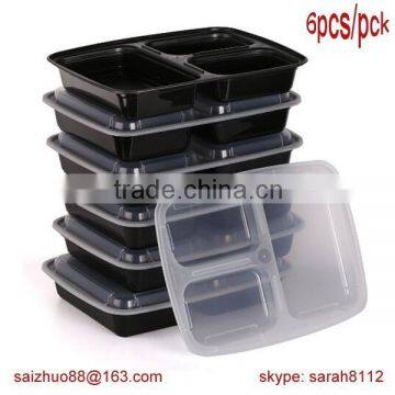 Stackable large size 3-compartment disposable plastic microwavable safe food container with lid bento box