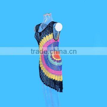 2015 new hand crochet colorful Chinese feature women sleeveless long pullover for lady hollow out O-neck