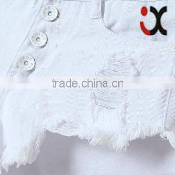 High Waist Four Button Distressed Denim Shorts in White JXA088 photo-4