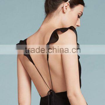 Plain Black Sexy Deep v Lace Short Sleeve Backless Evening Dress photo-2