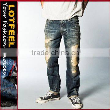 Japanese selvedge denim man jeans pant damaged jeans(LOTN017)