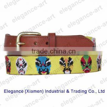 Hand-stitched Needlepoint Panel Belt with Genuine Leather Backing