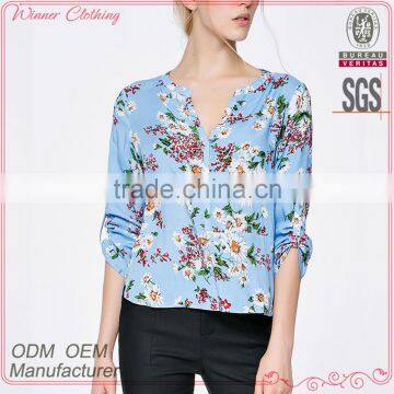 lady's new summer fashionable printed V neck design long sleeve models short sleeve blouse