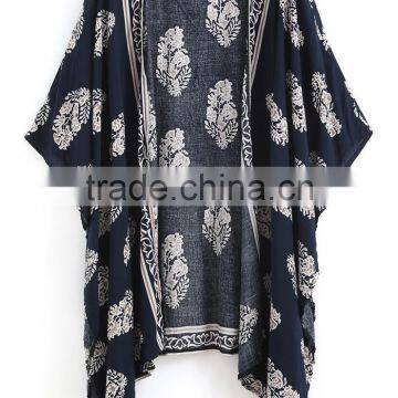 2017 Women Casual Navy Vintage Floral Loose Kimono With Asymmetrical Hem Ladies Summer Beachwear photo-3