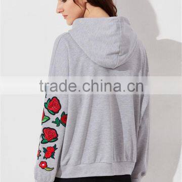 MGOO Custom Design Lightweight Drop Shoulder Heather Grey Embroidered Rose Applique Dolman Sleeve Hoodie photo-2