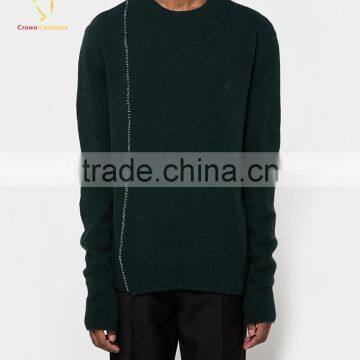 Men Pure Cashmere Green Knitted Jumpers Crew Neck Emboridery Sweaters