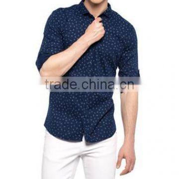 Blue Skinny Patterned Long Sleeve Buttonless Men Shirt